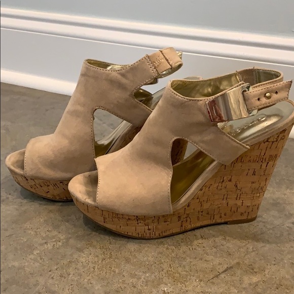 Carlos Santana Shoes - Carlos Santana Tan Open Toe Cork Wedges